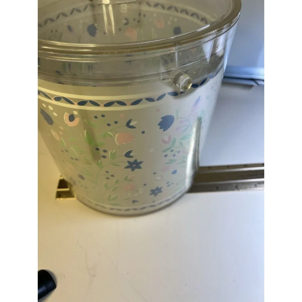 Vintage Clear Stotter Floral Ice Bucket w/ Lid Retro Barware No Handle